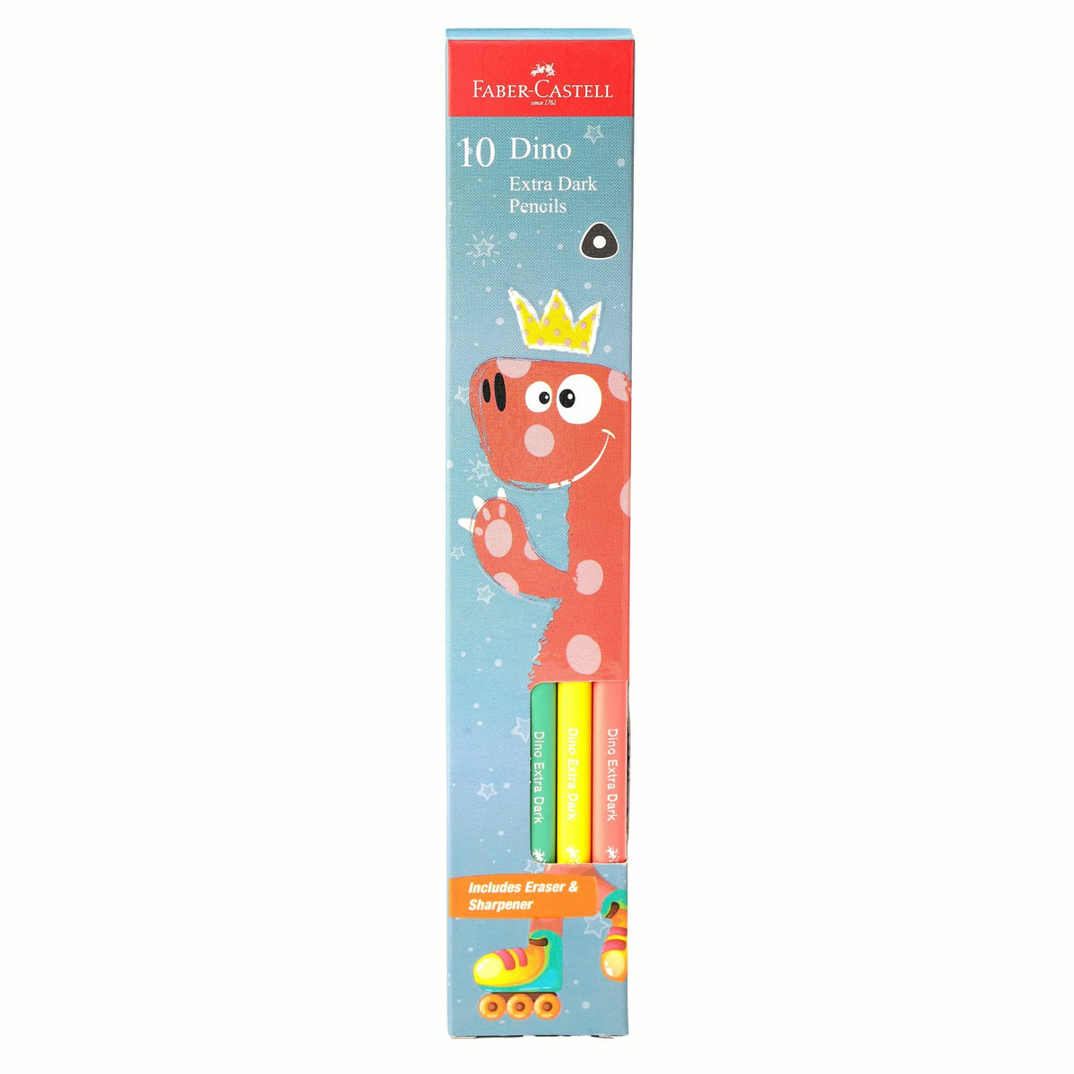 Faber-Castell Dino Extra Dark Pencils Set – Pack of 10 Cute Dinosaur Writing Pencils with Free Eraser and Sharpener, Novelty School Supplies for Kids