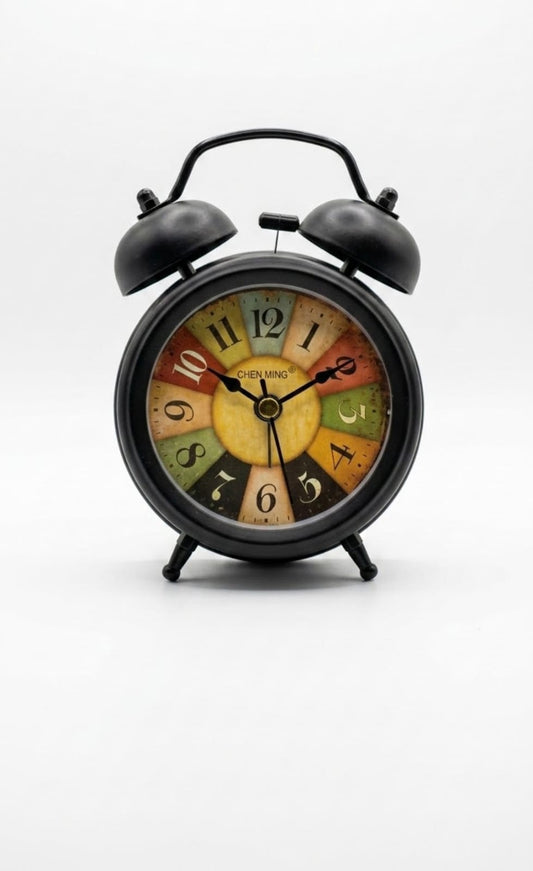 Vintage Twin Bell Alarm Clock - Loud Matte Black Metal Desk Clock with Colorful Retro Dial Face