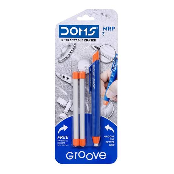 DOMS Groove Retractable Eraser Set – Pen-Style Mechanical Eraser with 2 Free Refills for Sketching, Drawing, and School