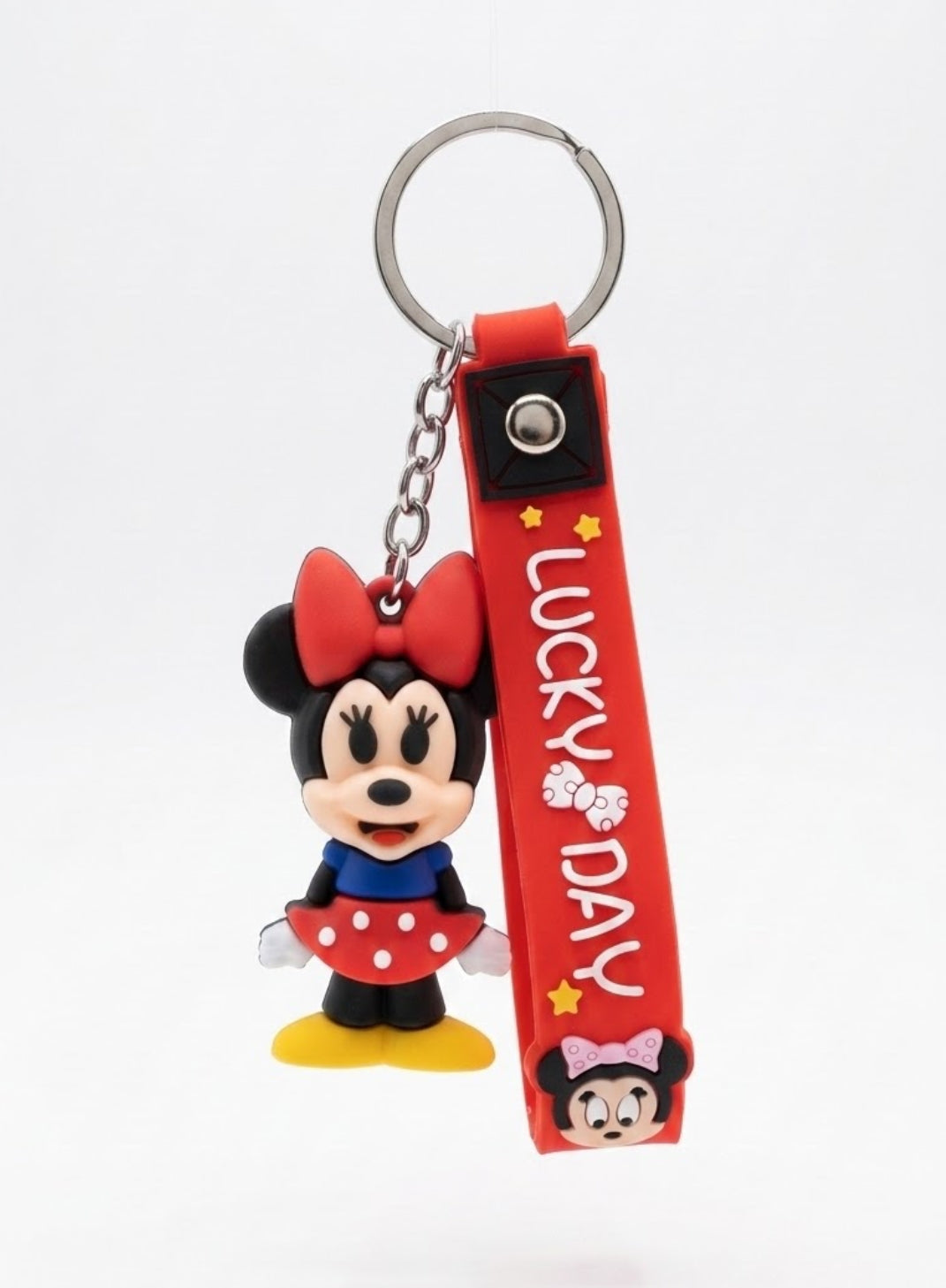 Cute 3D Silicone Minnie Mouse Keychain with "Lucky Day" Wrist Strap | Cartoon Anime Bag Charm & Keyring
