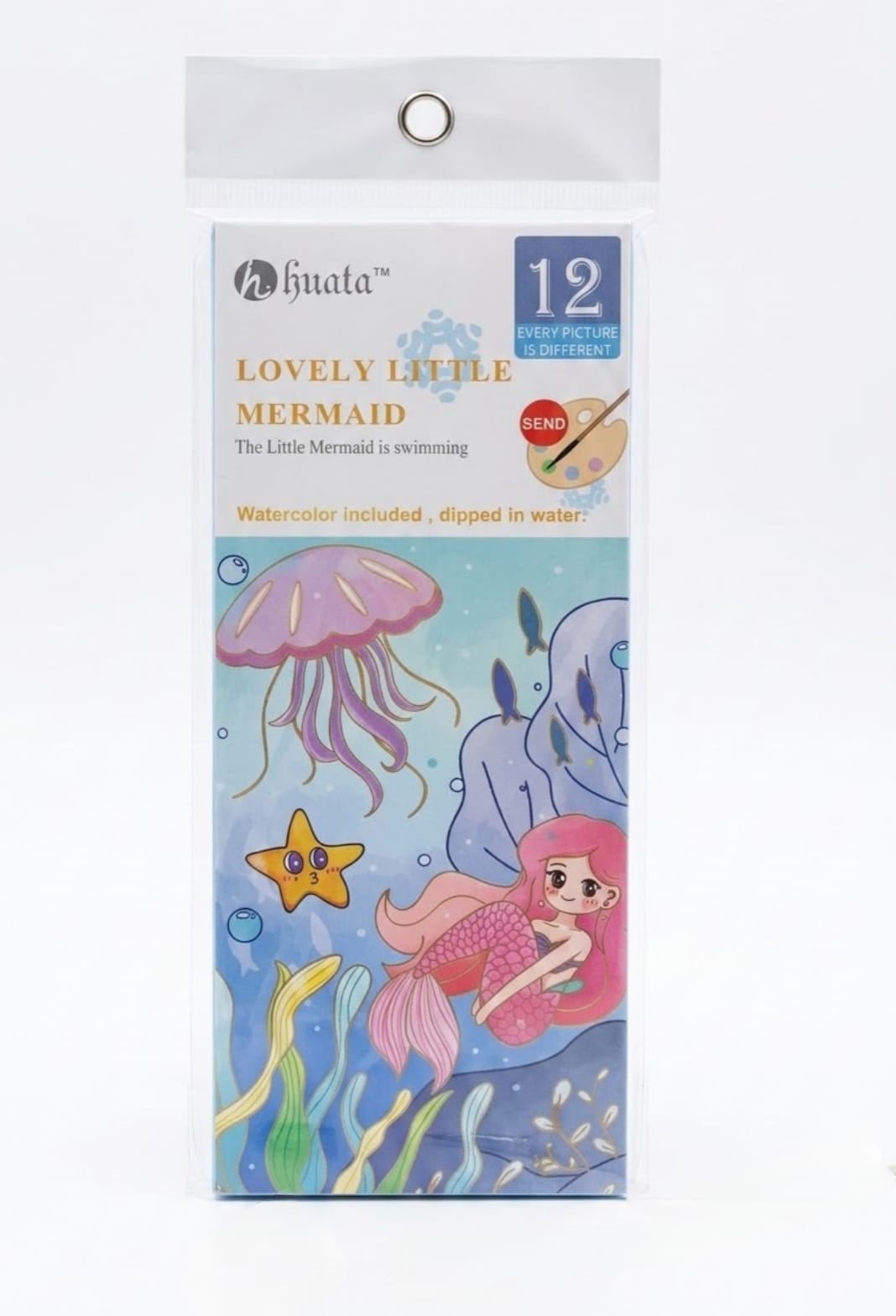 Huata Lovely Little Mermaid Pocket Watercolor Painting Book – 12 Pages Travel Paint-with-Water Coloring Kit with Included Paint Palette & Brush – Creative Ocean Theme Gift for Kids