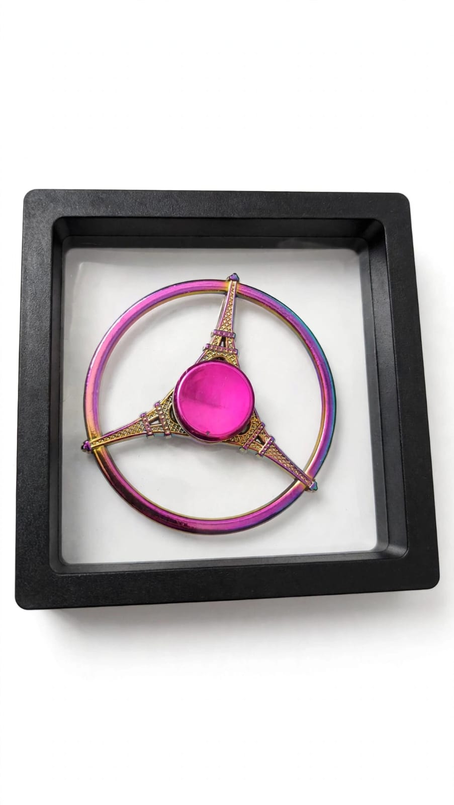 Eiffel Tower Rainbow Metal Fidget Spinner with 3D Floating Frame Display Case – Paris Architecture Desk Toy