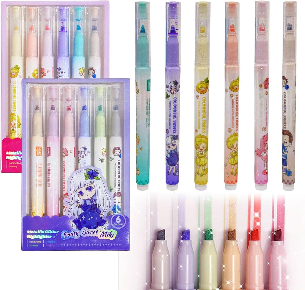 Cute Kawaii Metallic Glitter Highlighters Set (6-Pack) – Fruity Scented Chisel Tip Shimmer Marker Pens for Journaling, Scrapbooking & Cute School Supplies