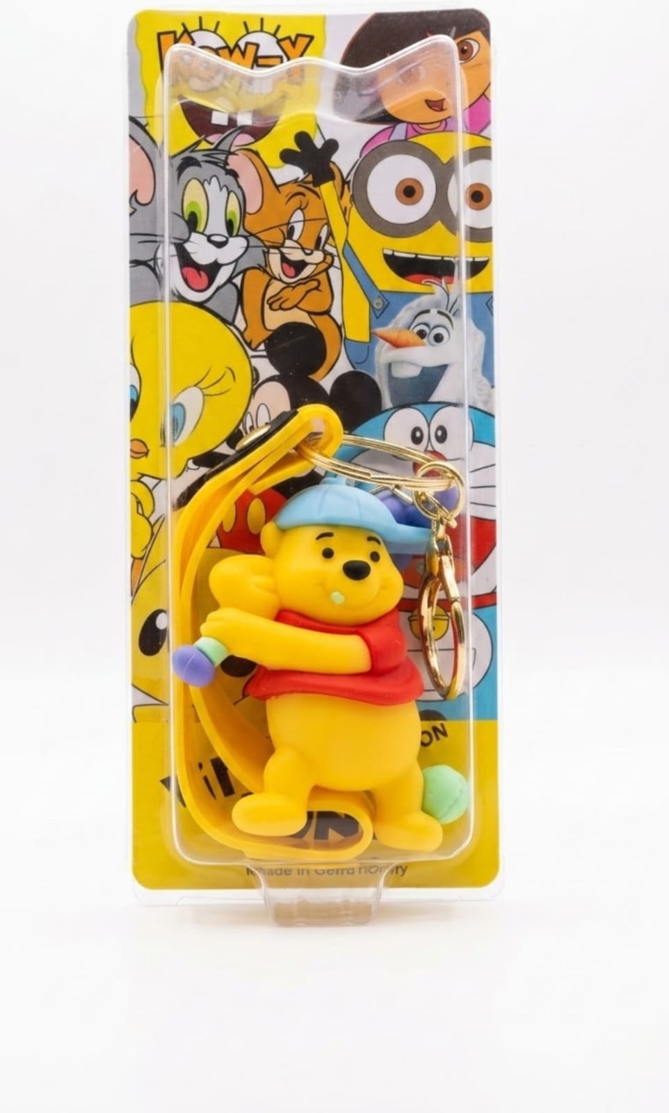 Winnie the Pooh 3D Silicone Keychain with Yellow Wrist Strap – Cute Baseball Player Pooh Bear Keyring – Durable Cartoon Backpack Charm & Car Key Accessory Gift for Kids
