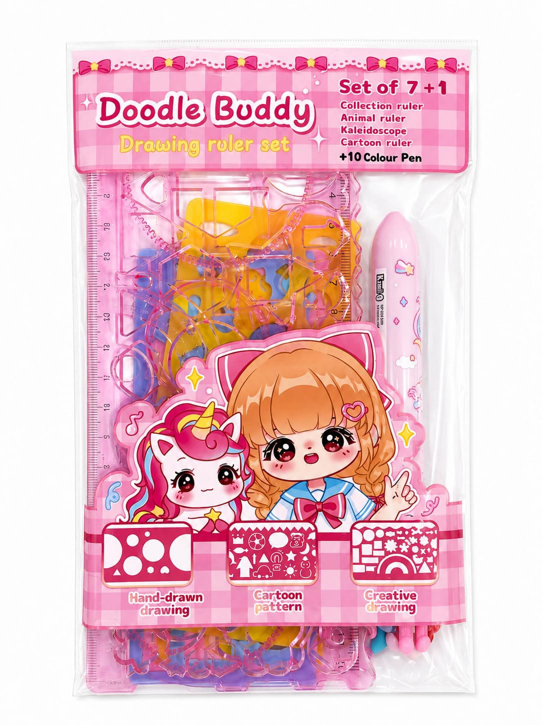 Doodle Buddy Drawing Ruler Set with 10 Colour Pens