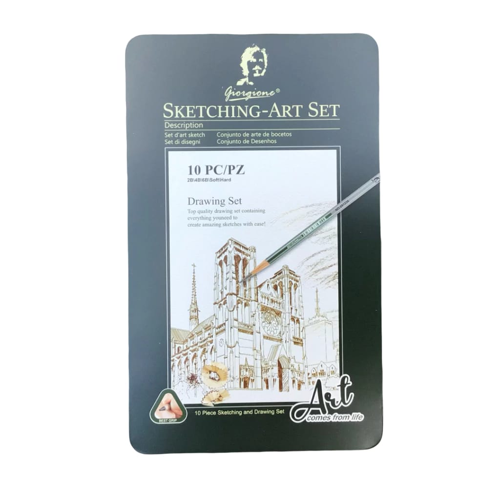 Giorgione 10-Piece Sketching Art Set – Premium Charcoal & Graphite Drawing Pencils Kit (2B, 4B, 6B, Soft, Hard) – Professional Artist & Beginner Sketching Set with Metal Tin Storage Case