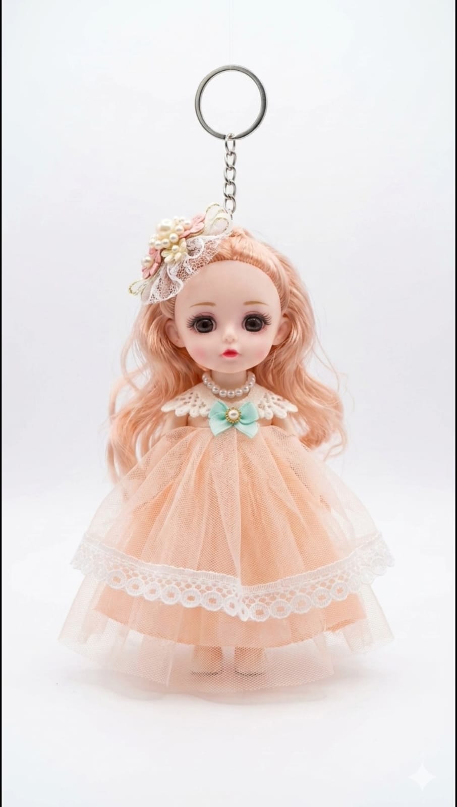 Cute Princess Doll Keychain with Peach Tulle Dress - Mini Ball Jointed Doll Keyring for Bags & Backpacks