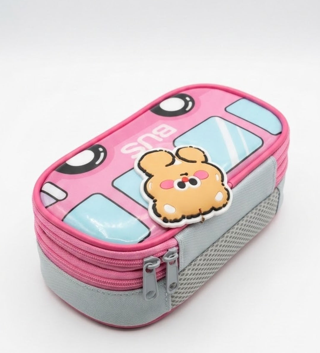Cute Pink Bus Pencil Case – Kawaii 3D Cartoon Bear School Bus Pen Pouch, Large Capacity Double Zipper Stationery Organizer with Mesh Pocket for Kids & Students