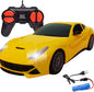 Rechargeable Yellow RC Sports Car Toy – Remote Control Racing Car with Functional LED Headlights and USB Charging Cable
