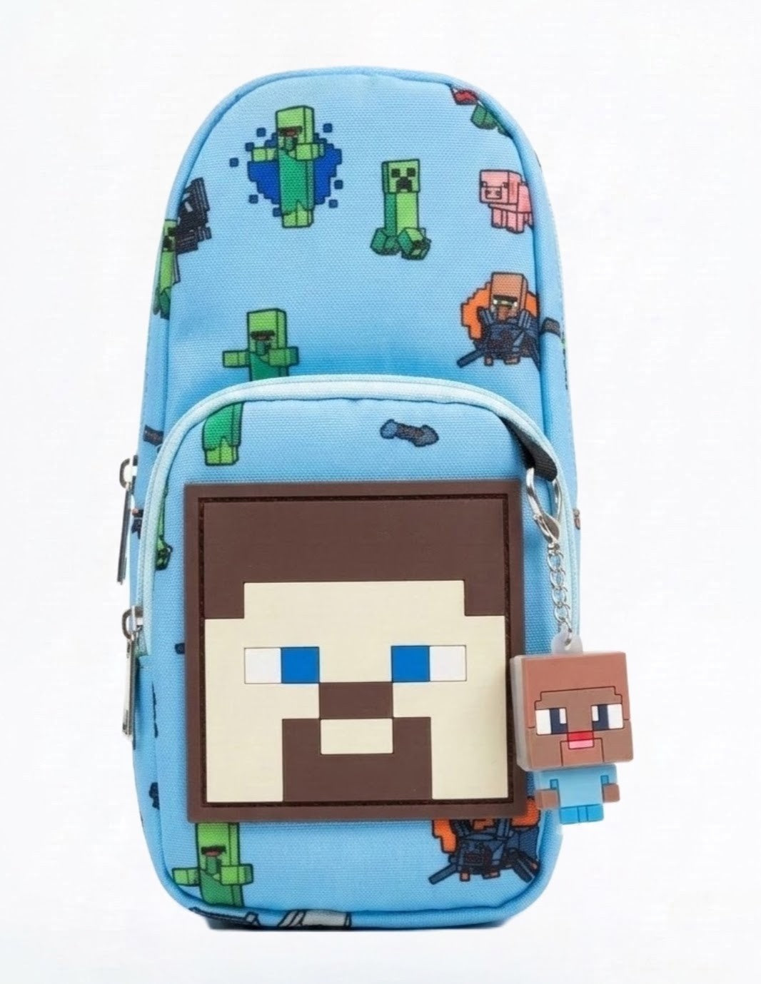 Minecraft Steve Pencil Case – Kids Gaming Stationery Pouch, Large Capacity Double Zipper Pen Case with 3D Steve Patch & Villager Keychain for Boys