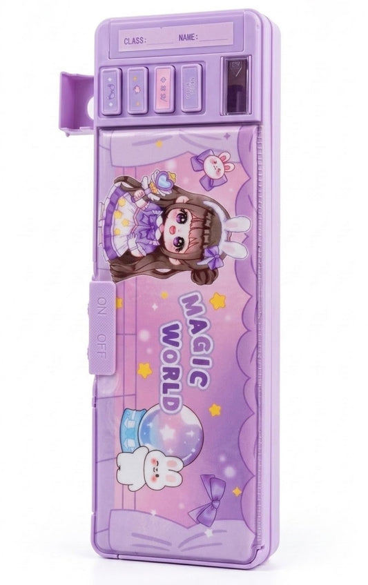 Magic World Kids Pencil Box – Multi-Functional Purple Plastic Geometry Box, Kawaii Anime Girl Stationery Organizer with Push-Button Pop-Up Sharpener for School Girls
