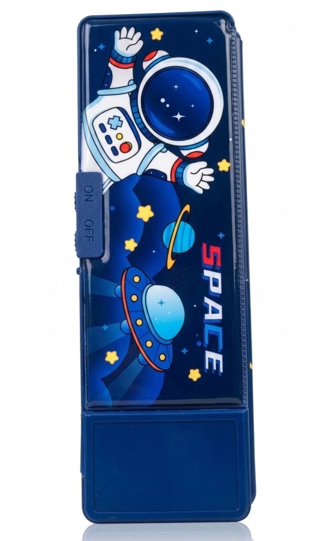 Cute Astronaut Kids Pencil Box – Multi-Functional Navy Blue Plastic Geometry Box, Outer Space Cartoon Stationery Organizer with Push-Button Pop-Up Features for Boys