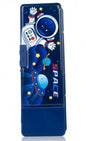 Cute Astronaut Kids Pencil Box – Multi-Functional Navy Blue Plastic Geometry Box, Outer Space Cartoon Stationery Organizer with Push-Button Pop-Up Features for Boys