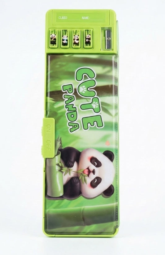 Cute Panda Kids Pencil Box – Multi-Functional Green Plastic Geometry Box, Kawaii Cartoon Panda Stationery Organizer with Push-Button Pop-Up Sharpener for School