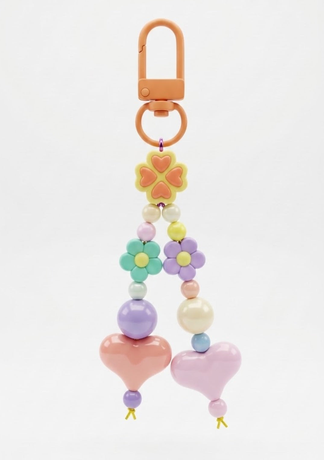 Pastel Beaded Flower & Heart Keychain – Cute Kawaii Bag Charm with Orange Clip