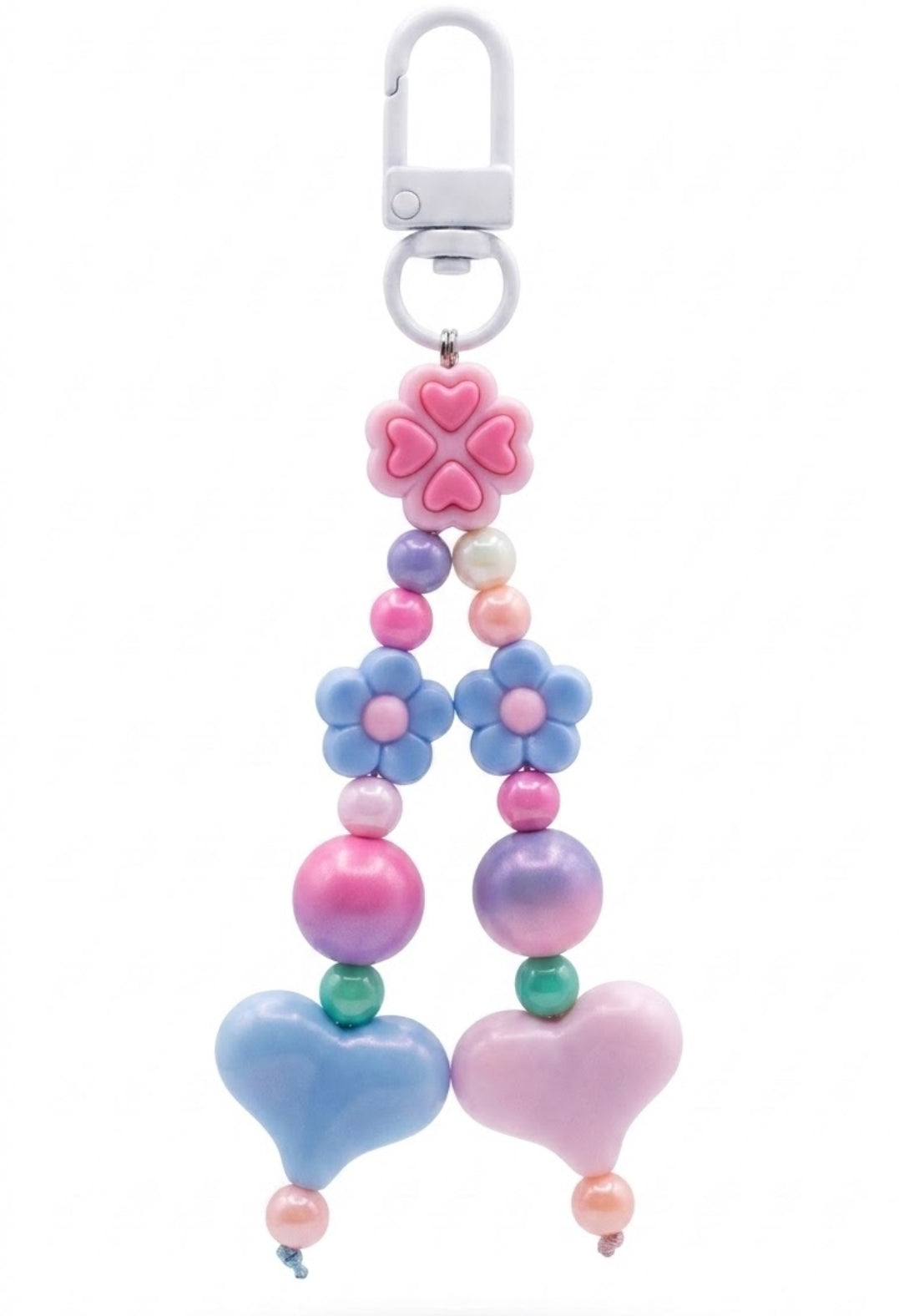 Pastel Beaded Flower & Heart Keychain – Cute Pink & Blue Kawaii Bag Charm with White Clip