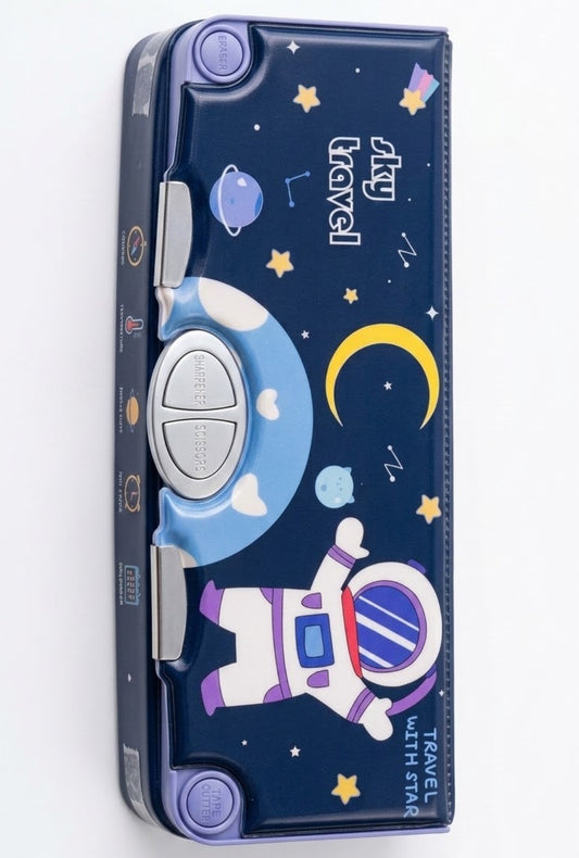 Sky Travel Astronaut Kids Pencil Box – Multi-Functional Navy Blue Plastic Geometry Box, Outer Space Stationery Organizer with Mechanical Push-Button Pop-Up Drawers for School Boys