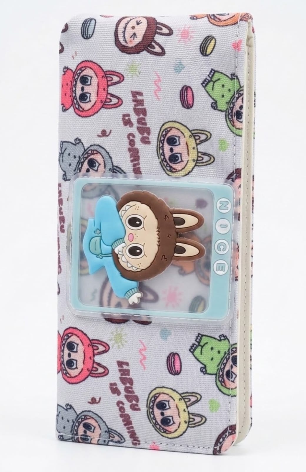 Labubu Monster Pencil Case – Kawaii All-Over Print Canvas Stationery Pouch, Large Capacity Folding Pen Case with Clear ID Photo Window for Kids & Students