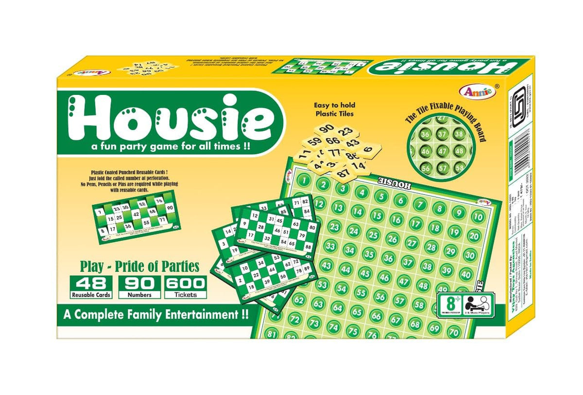 Annie Classic Housie Board Game – Family Tambola Bingo Game with 48 Reusable Cards, 90 Plastic Number Tiles, Tile Fixable Master Playing Board