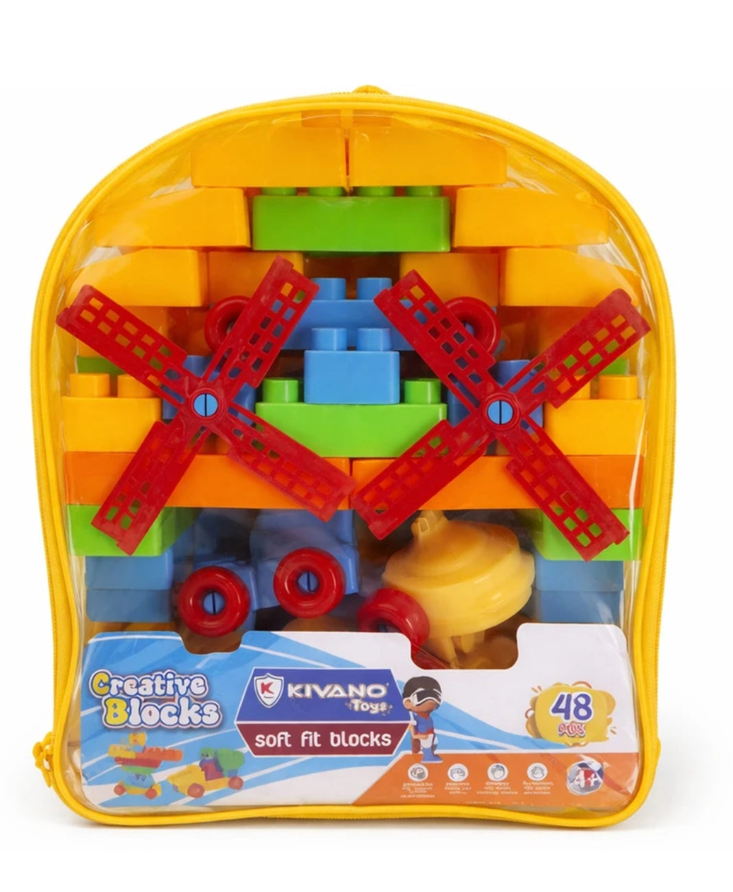 KIVANO Toys Creative Blocks with Windmill – 48-Piece Soft Fit Building Block Toy Set with Storage Bag (Ages 4+)