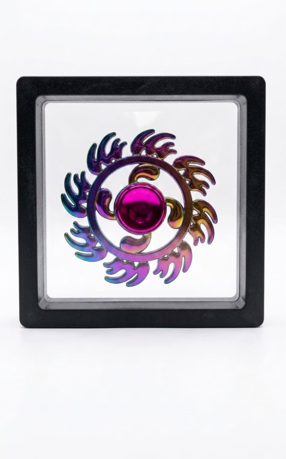 Rainbow Metal Flame Fidget Spinner with 3D Floating Frame Display Case – Premium EDC Desk Toy