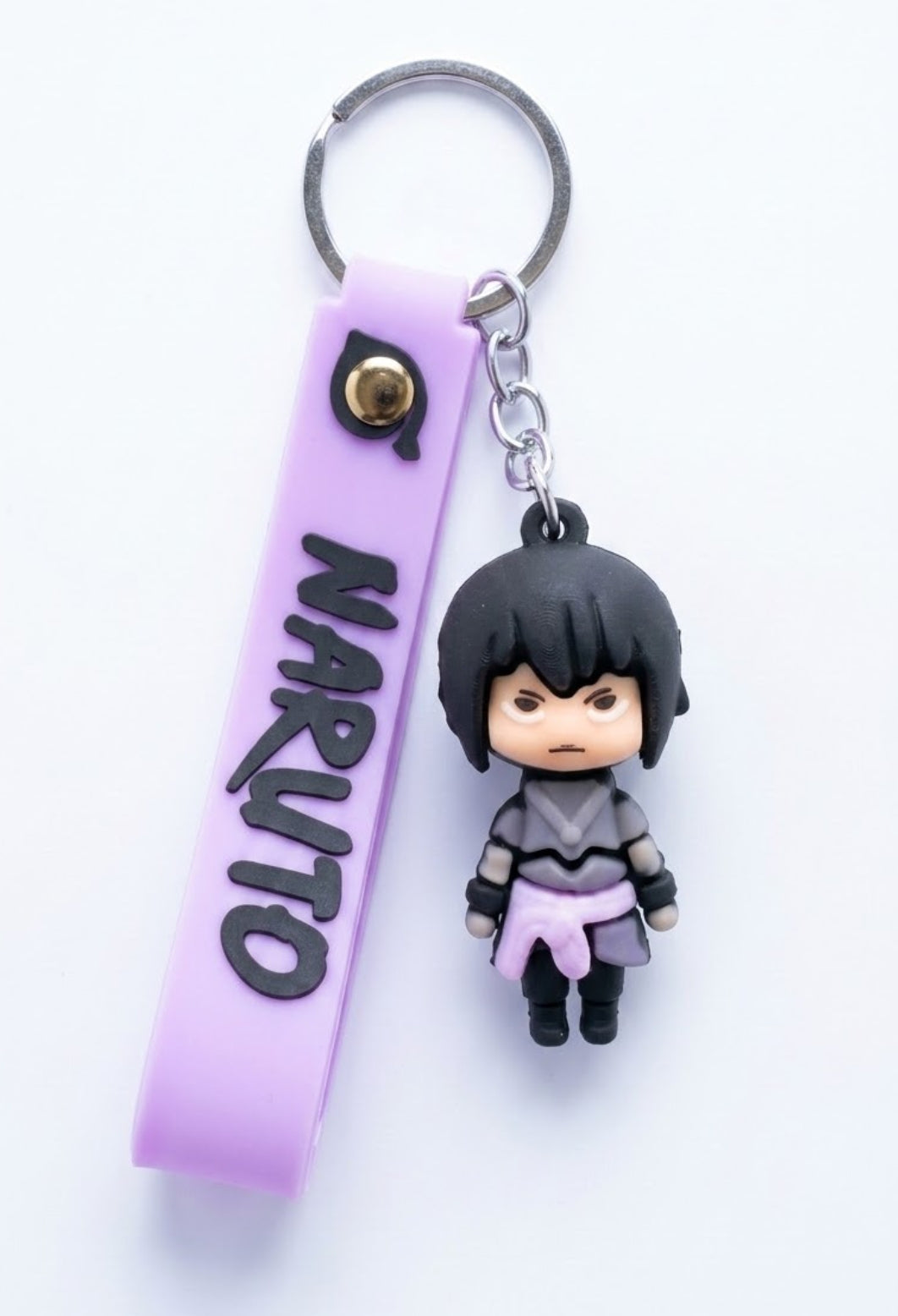 Naruto Sasuke Uchiha Figure Keychain | Chibi Anime Keyring with Purple Wrist Strap