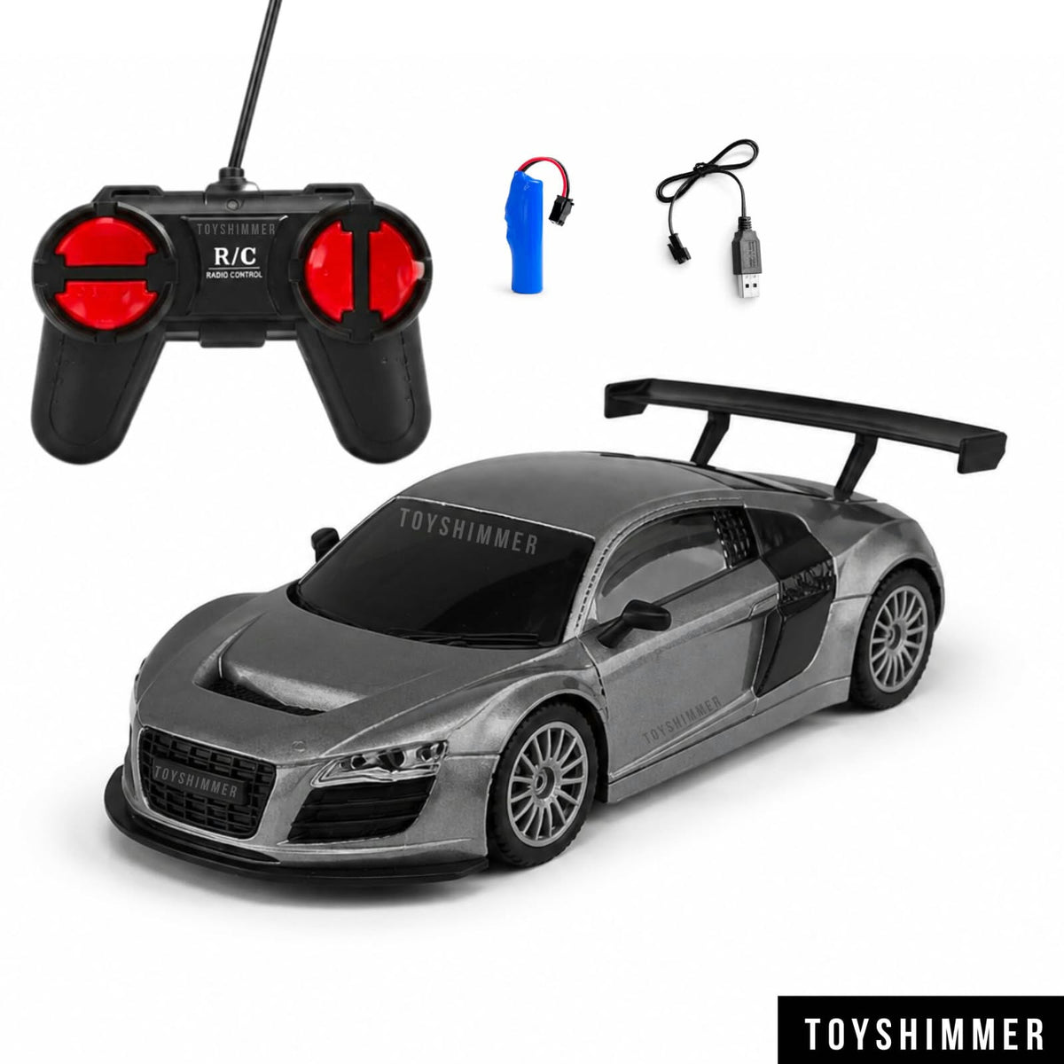Remote Control Sports Car Toy – Rechargeable Grey RC Racing Car with Remote Controller and USB Charger Set