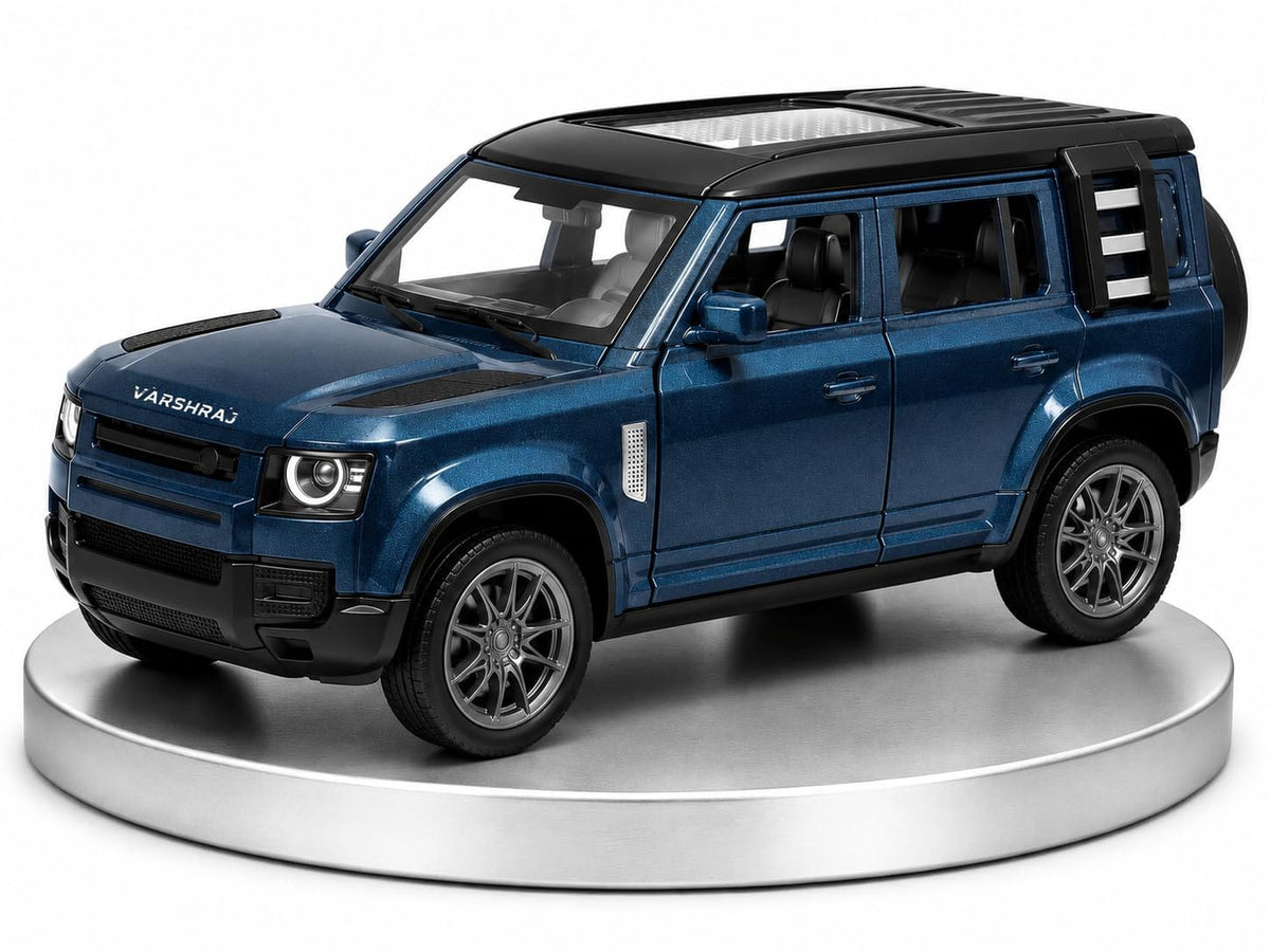 Land Rover Defender 1:32 Scale Die-Cast Metal Toy Car - Blue SUV Model with Pull-Back Action, Openable Doors, Lights & Music