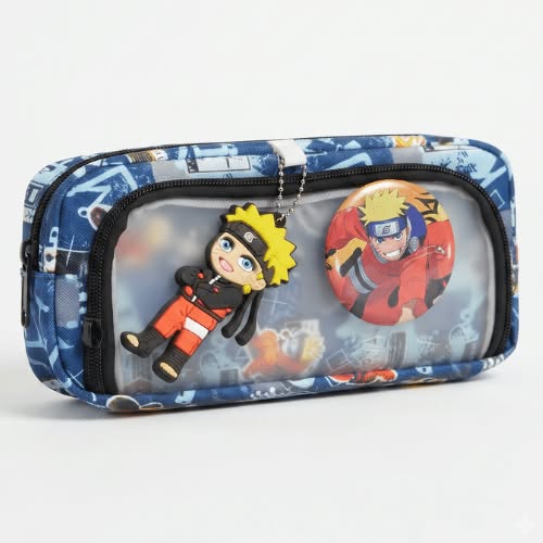 Naruto Anime Pencil Case – Blue Multi-Layer Stationery Pouch with Clear Window