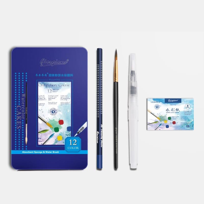 Giorgione 12-Color Premium Watercolor Cake Paint Set – Portable Travel Tin Paint Box with Water Brush Pen, Detail Paint Brush, Sketching Pencil & Art Paper