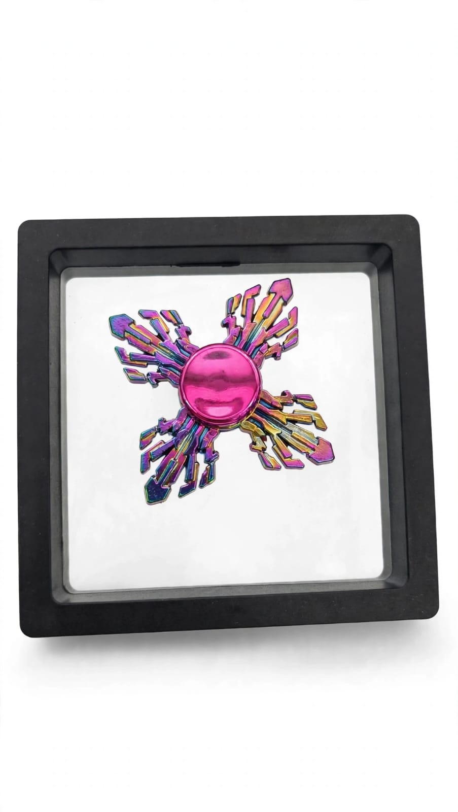 Rainbow Metal Bismuth Crystal Fidget Spinner with 3D Floating Frame Display Case – Cyberpunk Geometric Desk Toy