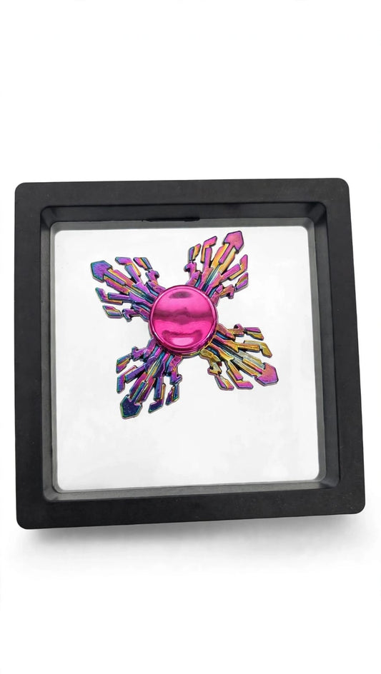 Rainbow Metal Bismuth Crystal Fidget Spinner with 3D Floating Frame Display Case – Cyberpunk Geometric Desk Toy
