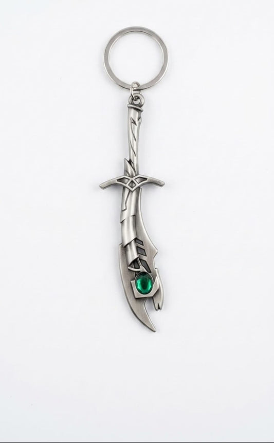 League of Legends Riven Sword Keychain - Mini Metal Broken Blade Weapon Replica with Green Gem