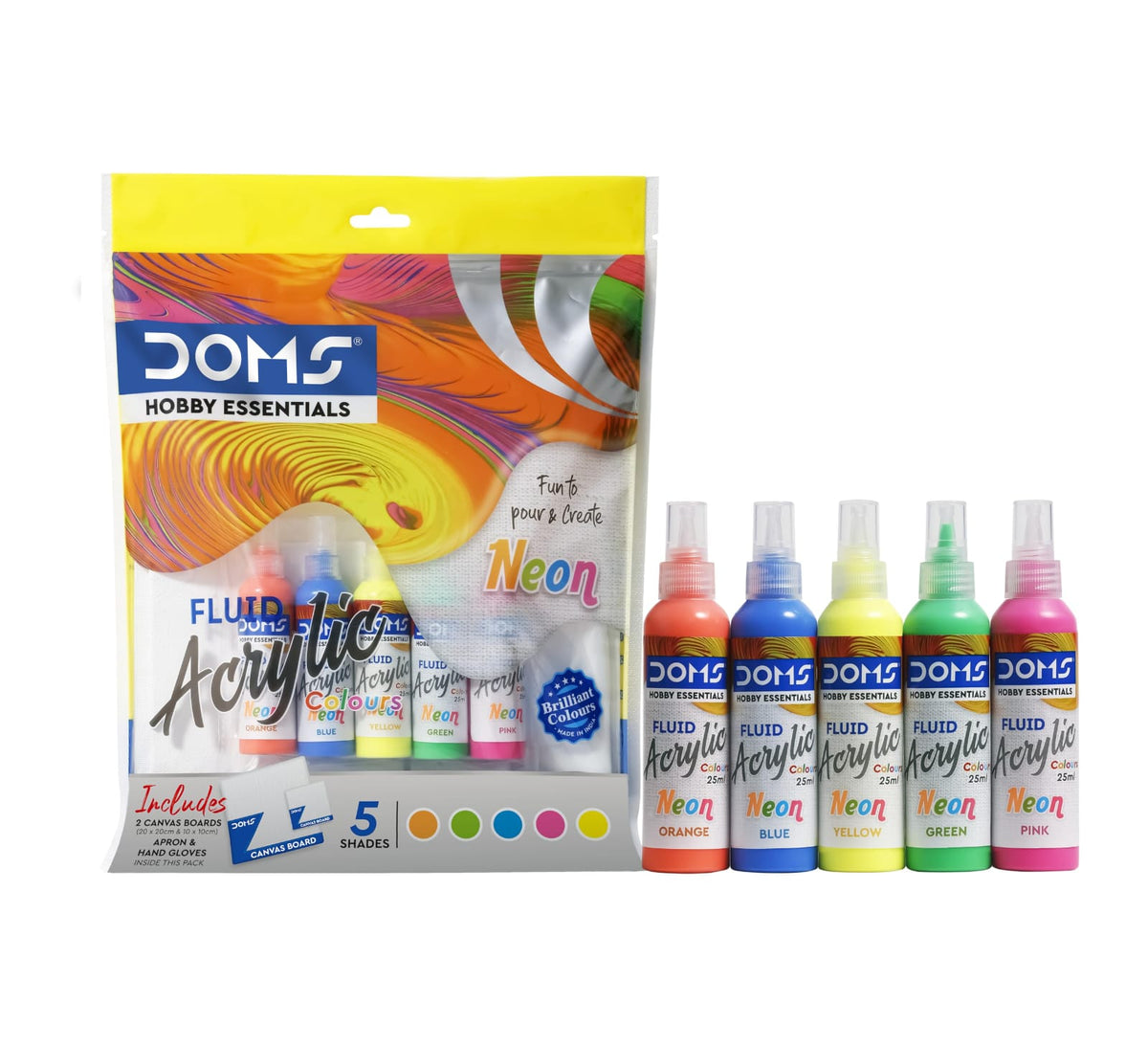 DOMS NEON Fluid Acrylic Colour | 5 Assorted NEON Colours Orange,Green,Blue,Pink,Yellow of 25 ml Each | 10 X 10 cm / 20 X 20 cm Canvas Board | 2 Gloves