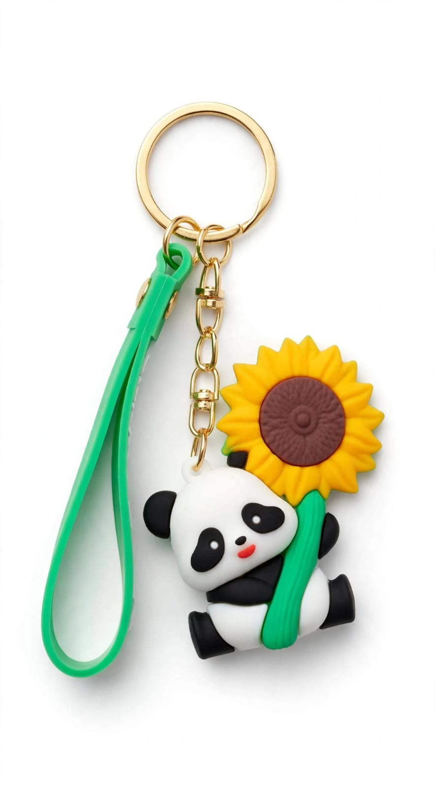 Cute Panda Bear holding Sunflower Rubber Keychain – Chibi Animal Keyring with Green Wrist Strap