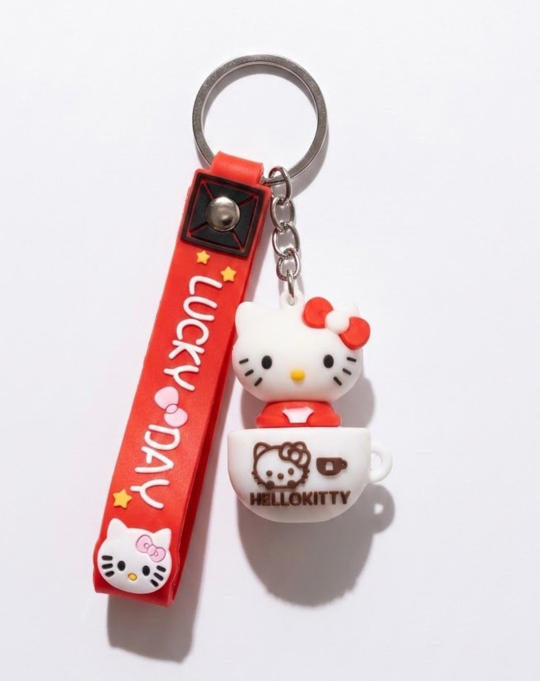 Hello Kitty Teacup Figure Keychain | Cute Sanrio Keyring with Red Wrist Strap