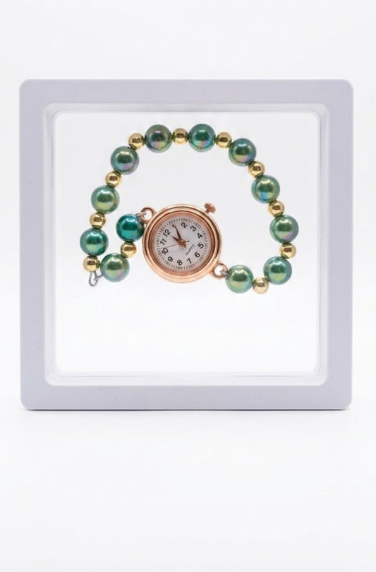 Emerald Green Pearl Bracelet Watch for Women – Rose Gold Analog Quartz Wrist Watch