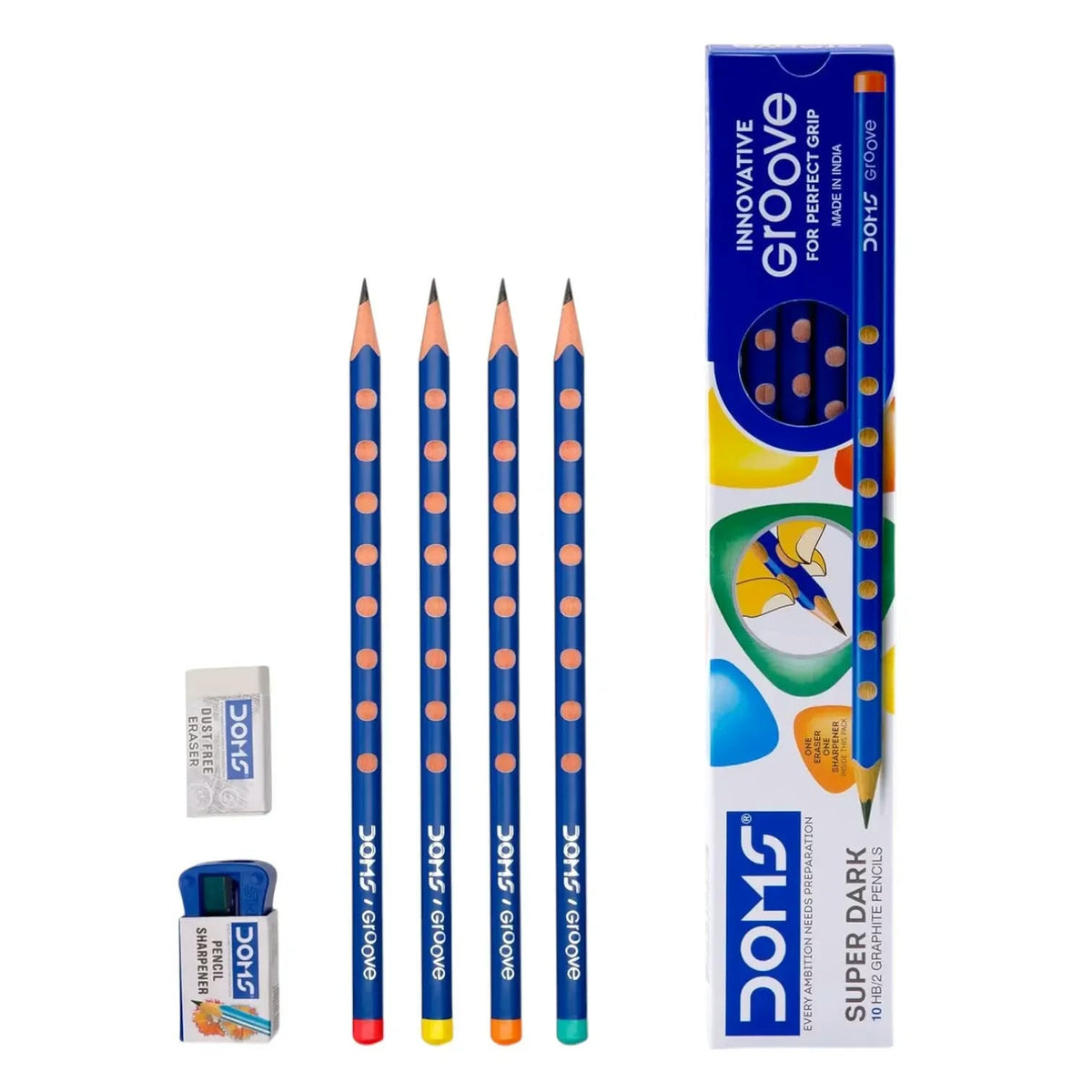 DOMS Groove Super Dark Graphite Pencils (Pack of 10) – Ergonomic Triangular Grip HB/2 Pencils with Sharpener & Eraser