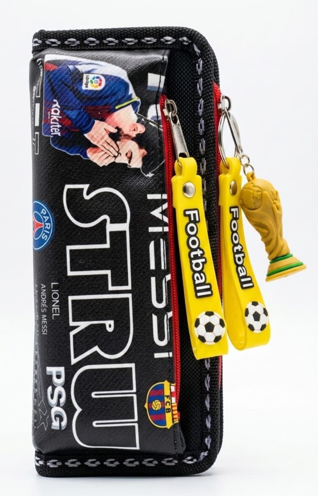 Lionel Messi Football Pencil Case – Kids Soccer Stationery Pouch, Double Zipper Pen Case with World Cup Trophy Keychain, PSG & Barcelona FC Theme School Organizer