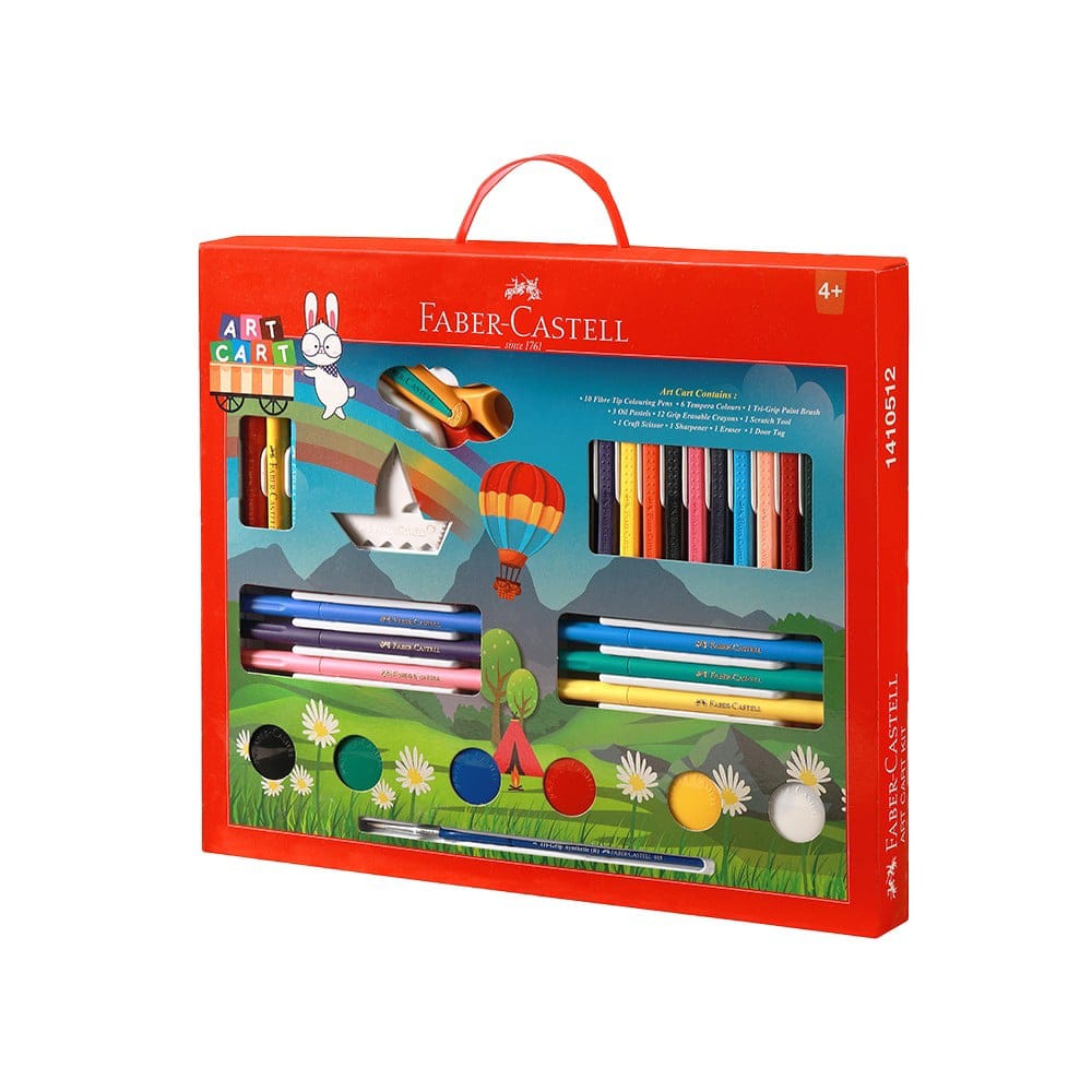 Faber-Castell Art Cart Kit for Kids – Premium Drawing & Painting Set with Carry Handle Box – Complete Creative Activity Combo Pack with Sketch Pens, Tempera Paints, Oil Pastels & Crayons