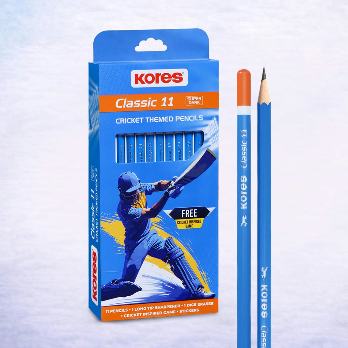 Kores Classic 11 Cricket Themed Pencils Pack – 11 Super Dark Writing Pencils with Sharpener, Dice Eraser & Free Board Game, Novelty Stationery Kit