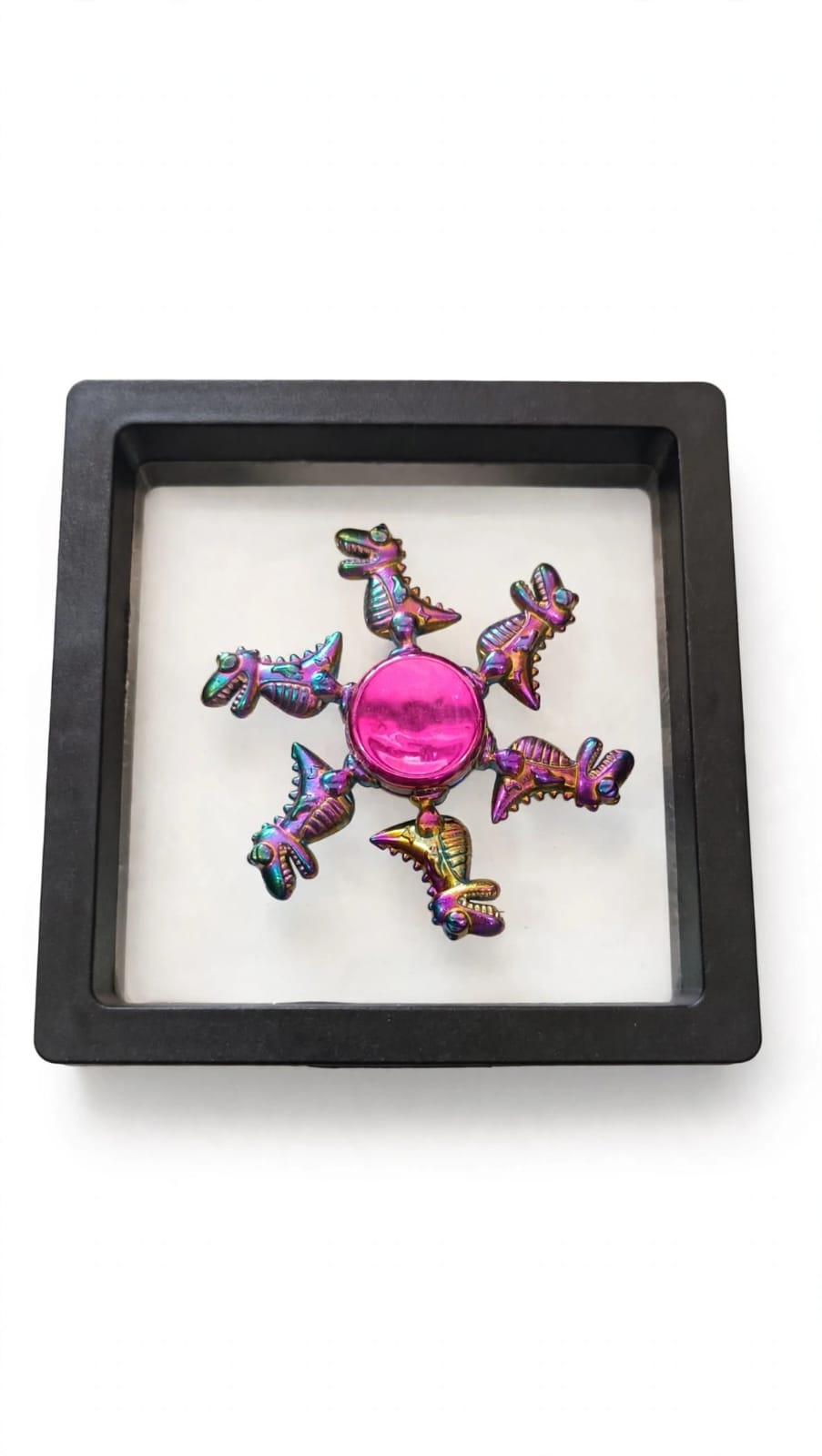 Rainbow Metal Dinosaur Fidget Spinner with 3D Floating Frame Display Case – 6-Arm T-Rex Desk Toy