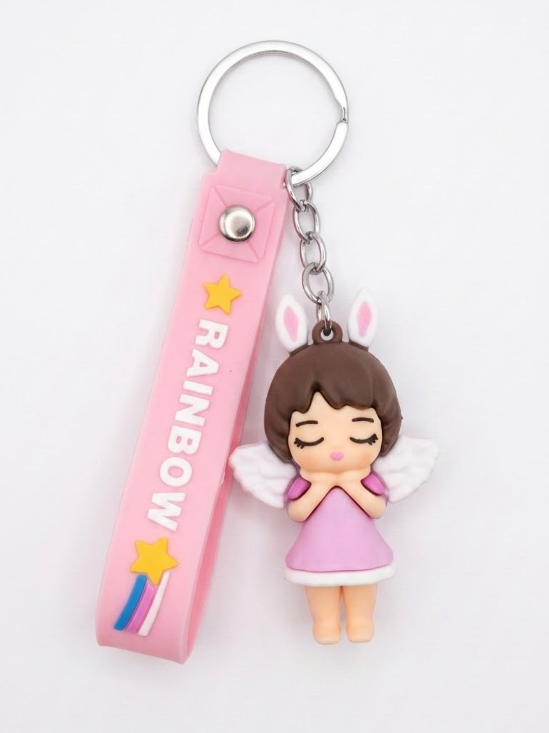 Cute 3D Silicone Angel Girl Keychain with Pink "Rainbow" Wrist Strap | Aesthetic Kawaii Bag Charm & Keyring