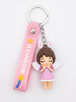 Cute 3D Silicone Angel Girl Keychain with Pink "Rainbow" Wrist Strap | Aesthetic Kawaii Bag Charm & Keyring