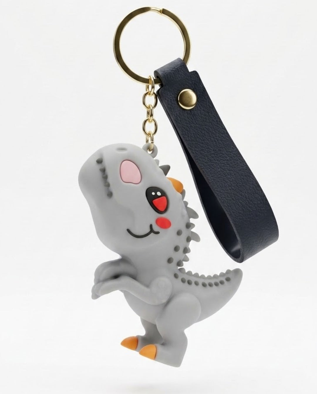 Cute 3D Cartoon Dinosaur Silicone Keychain with Faux Leather Wrist Strap – Kawaii T-Rex Backpack Charm & Car Key Ring Accessory
