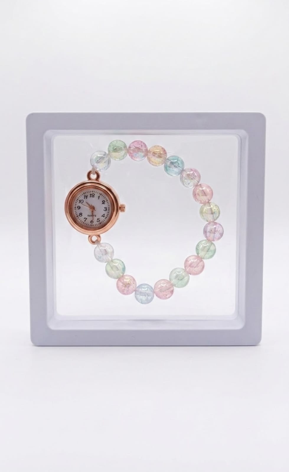 Pastel Multicolor Crystal Beaded Bracelet Watch for Women – Rose Gold Analog Quartz Wrist Watch