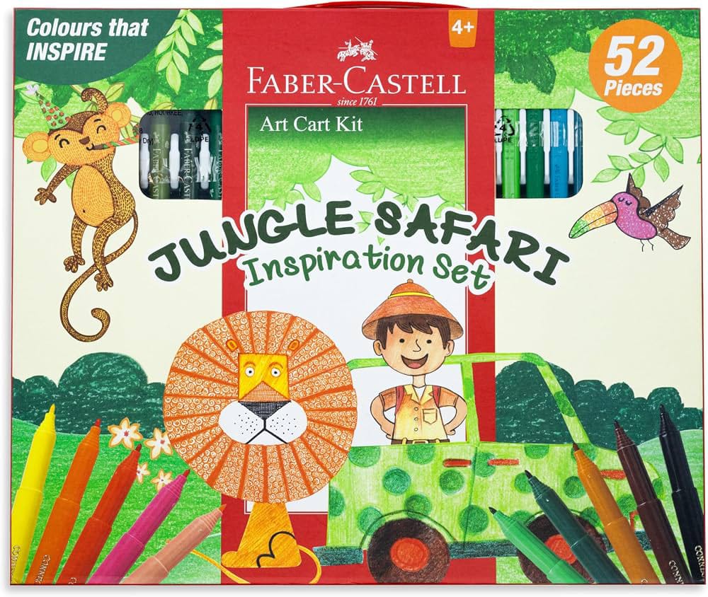 Faber-Castell Art Cart Kit Jungle Safari Inspiration Set – 52-Piece Premium Kids Drawing & Coloring Box – Complete Stationery Gift Pack with Connector Pens, Crayons & Art Supplies for Ages 4+