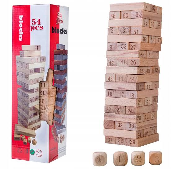 54-Piece Wooden Stacking Blocks Tower Game – Numbered Tumble Tower Set with 4 Wooden Dice for Kids and Family