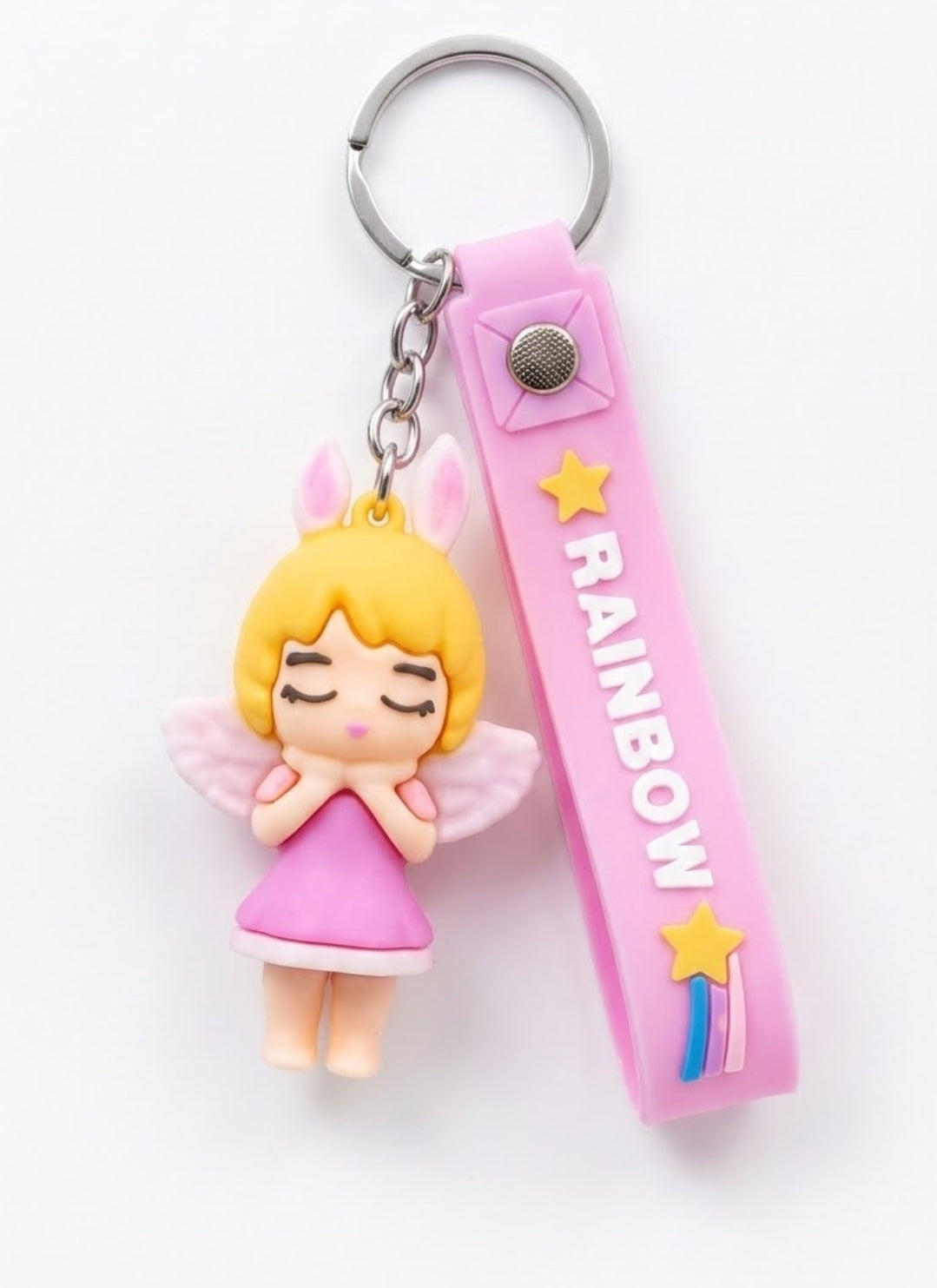 Cute 3D Silicone Blonde Angel Girl Keychain with Purple "Rainbow" Wrist Strap | Aesthetic Kawaii Bag Charm & Keyring