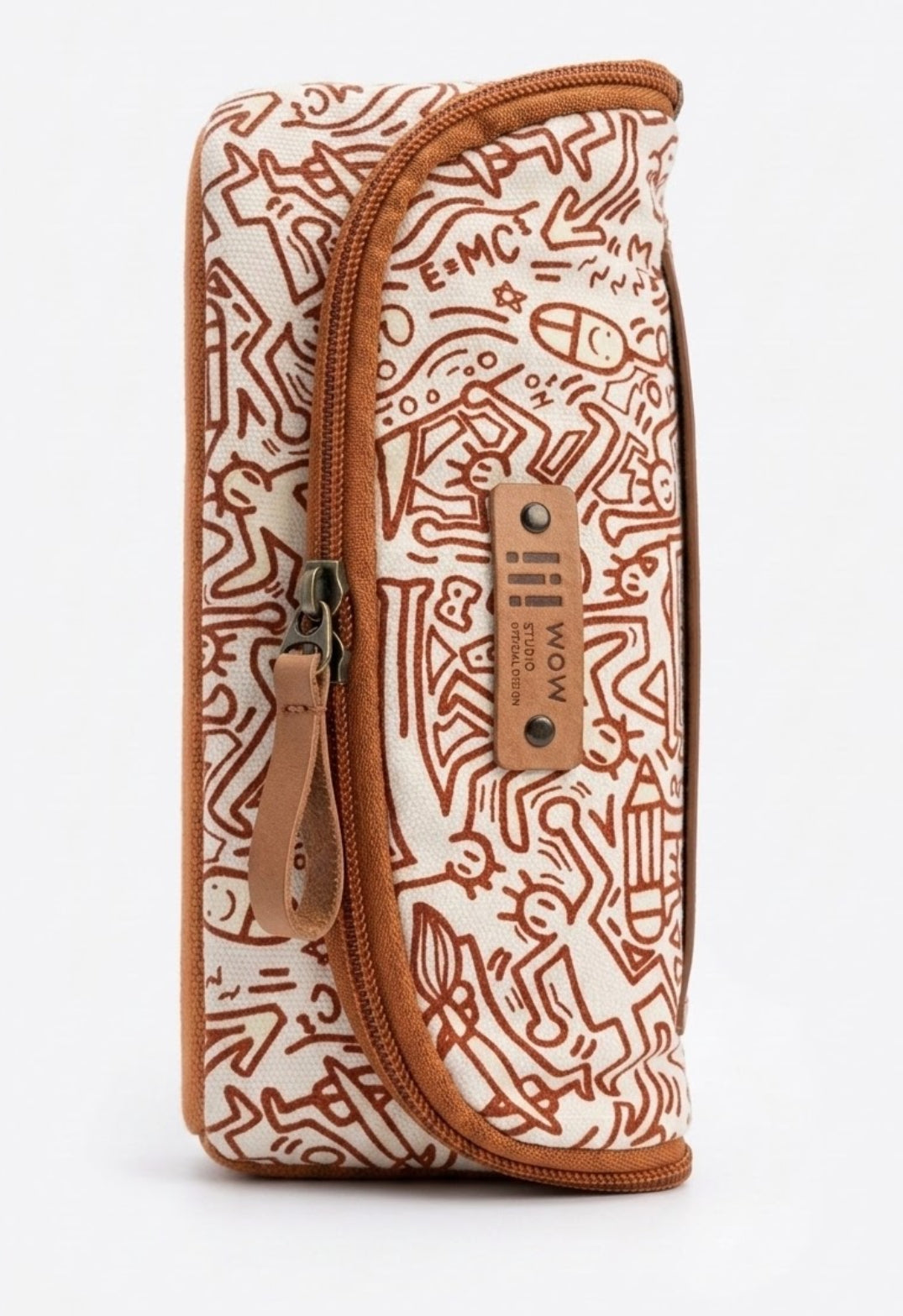 Aesthetic Doodle Art Pencil Case – Kawaii Keith Haring Inspired Pop Art Pencil Pouch, Large Capacity Canvas Stationery Organizer with Brown Leather Details for Students